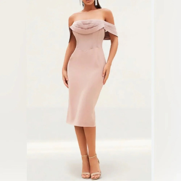 Lavish Alice Mink Pleated Bardot Satin Mix Midi Dress - Picture 1 of 14